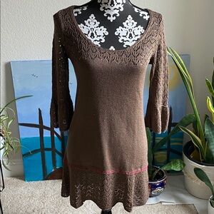Free People Brown Crochet Long Sleeve Dress